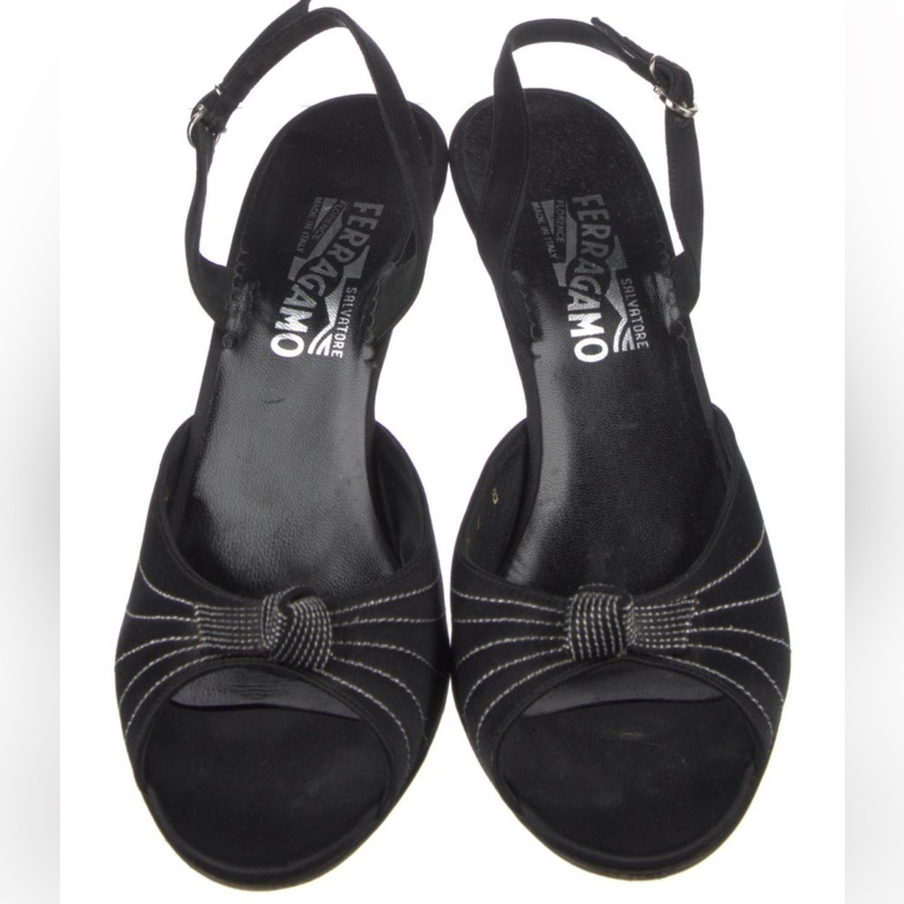 Salvatore Ferragamo Black Open-Toe Slingback Heels with Knot Detail